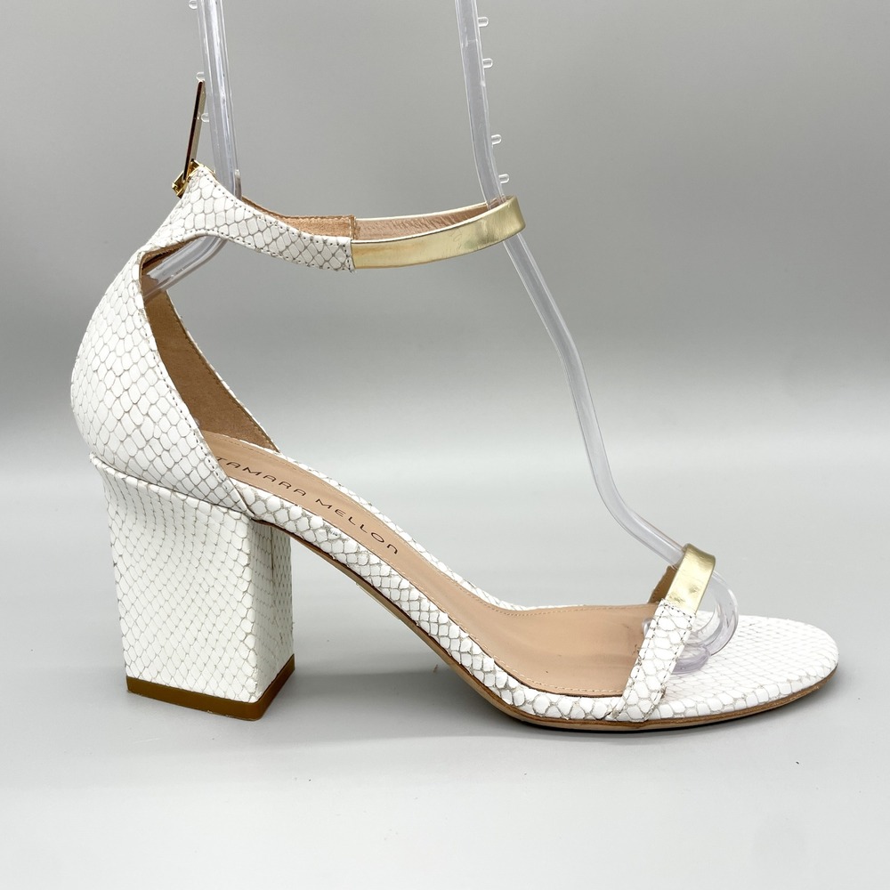 Tamara Mellon Womens 40.5 10.5 White Snake Print Gold Block Heel Sandals Shoes